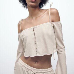 Zara Coastal Cowgirl boho retro bell sleeve cropped lace tie off shoulder top